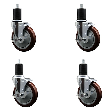 Service Caster 5'' Maroon Poly Swivel 1-3/4'' Expanding Stem Caster Set with Brake, 4PK SCC-EX20S514-PPUB-MRN-TLB-134-4